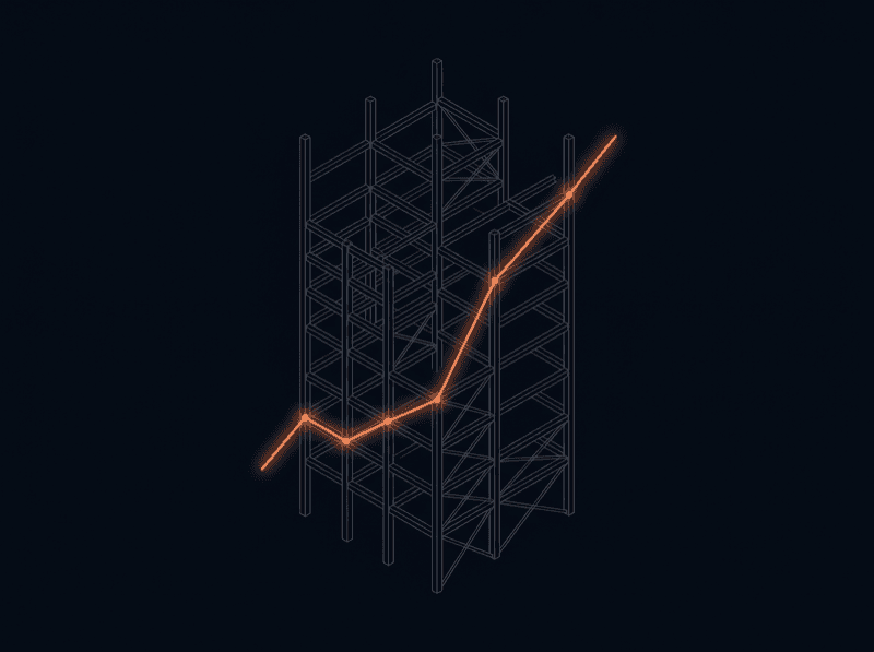 Wireframe steel structure with a rising orange profit line